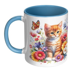 Cute Cat With Flowers And Butterflies 11 Oz Accent Mug - crazyaboutcoffeeandcats