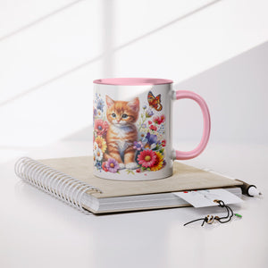 Cute Cat With Flowers And Butterflies 11 Oz Accent Mug - crazyaboutcoffeeandcats