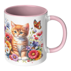 Cute Cat With Flowers And Butterflies 11 Oz Accent Mug - crazyaboutcoffeeandcats