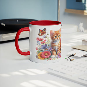 Cute Cat With Flowers And Butterflies 11 Oz Accent Mug - crazyaboutcoffeeandcats