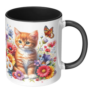 Cute Cat With Flowers And Butterflies 11 Oz Accent Mug - crazyaboutcoffeeandcats