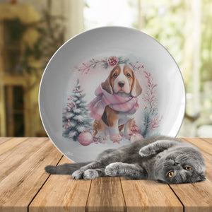 Cute Dog In Pink Scarf Snow Scene 10" Plate, - crazyaboutcoffeeandcats