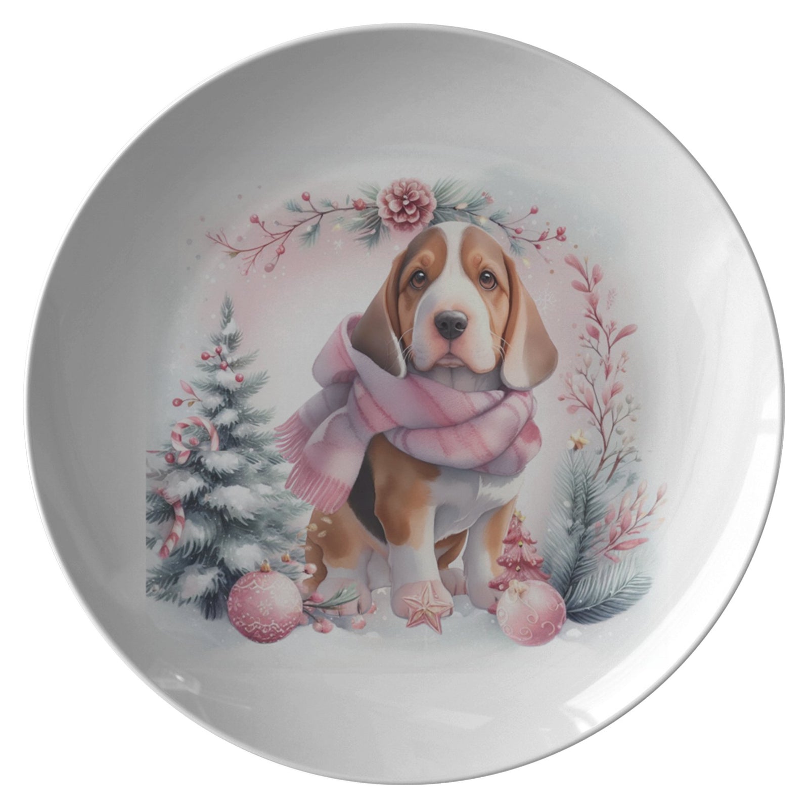 Cute Dog In Pink Scarf Snow Scene 10" Plate, - crazyaboutcoffeeandcats