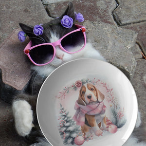 Cute Dog In Pink Scarf Snow Scene 10" Plate, - crazyaboutcoffeeandcats