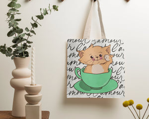 Cute Kitty In A Green Teacup Cotton Tote Bag