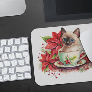 Cute Kitty With Red Pointsets Mousepad | Christmas Themed | Office Decor | - crazyaboutcatsandcoffee