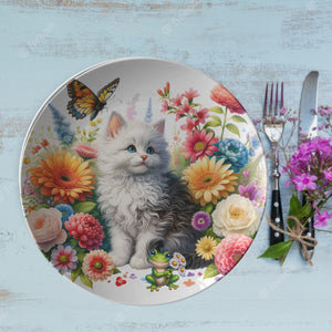 Cute White Kitty With Butterflies And Flowers 10" Plate - crazyaboutcoffeeandcats