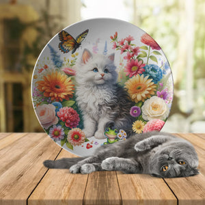 Cute White Kitty With Butterflies And Flowers 10" Plate - crazyaboutcoffeeandcats