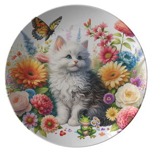 Cute White Kitty With Butterflies And Flowers 10" Plate - crazyaboutcoffeeandcats