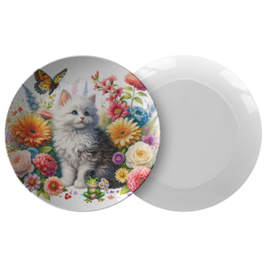 Cute White Kitty With Butterflies And Flowers 10" Plate - crazyaboutcoffeeandcats