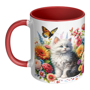 Cute White Kitty With Flowers, Butterflies And A Frog 11 Oz Accent Mug - crazyaboutcoffeeandcats