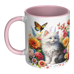 Cute White Kitty With Flowers, Butterflies And A Frog 11 Oz Accent Mug - crazyaboutcoffeeandcats