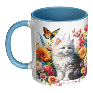 Cute White Kitty With Flowers, Butterflies And A Frog 11 Oz Accent Mug - crazyaboutcoffeeandcats