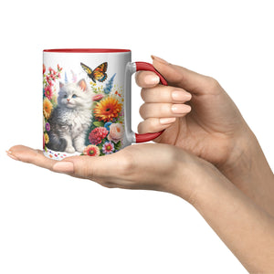 Cute White Kitty With Flowers, Butterflies And A Frog 11 Oz Accent Mug - crazyaboutcoffeeandcats