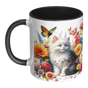 Cute White Kitty With Flowers, Butterflies And A Frog 11 Oz Accent Mug - crazyaboutcoffeeandcats