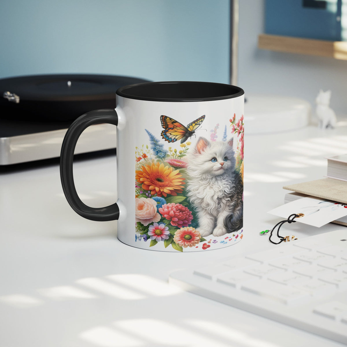 Cute White Kitty With Flowers, Butterflies And A Frog 11 Oz Accent Mug - crazyaboutcoffeeandcats