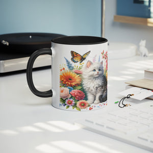 Cute White Kitty With Flowers, Butterflies And A Frog 11 Oz Accent Mug - crazyaboutcoffeeandcats