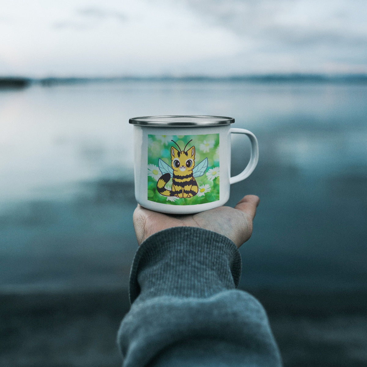 Kawaii Cat Bee 12 Oz Camping Mug - crazyaboutcatsandcoffee