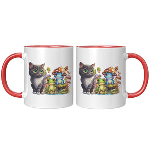 Kitty Frogs And Mushrooms 11 oz Mug - crazyaboutcatsandcoffee