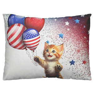 Kitty Holding 3 Patriotic Balloons With Red White And Blue Star Background - crazyaboutcatsandcoffee