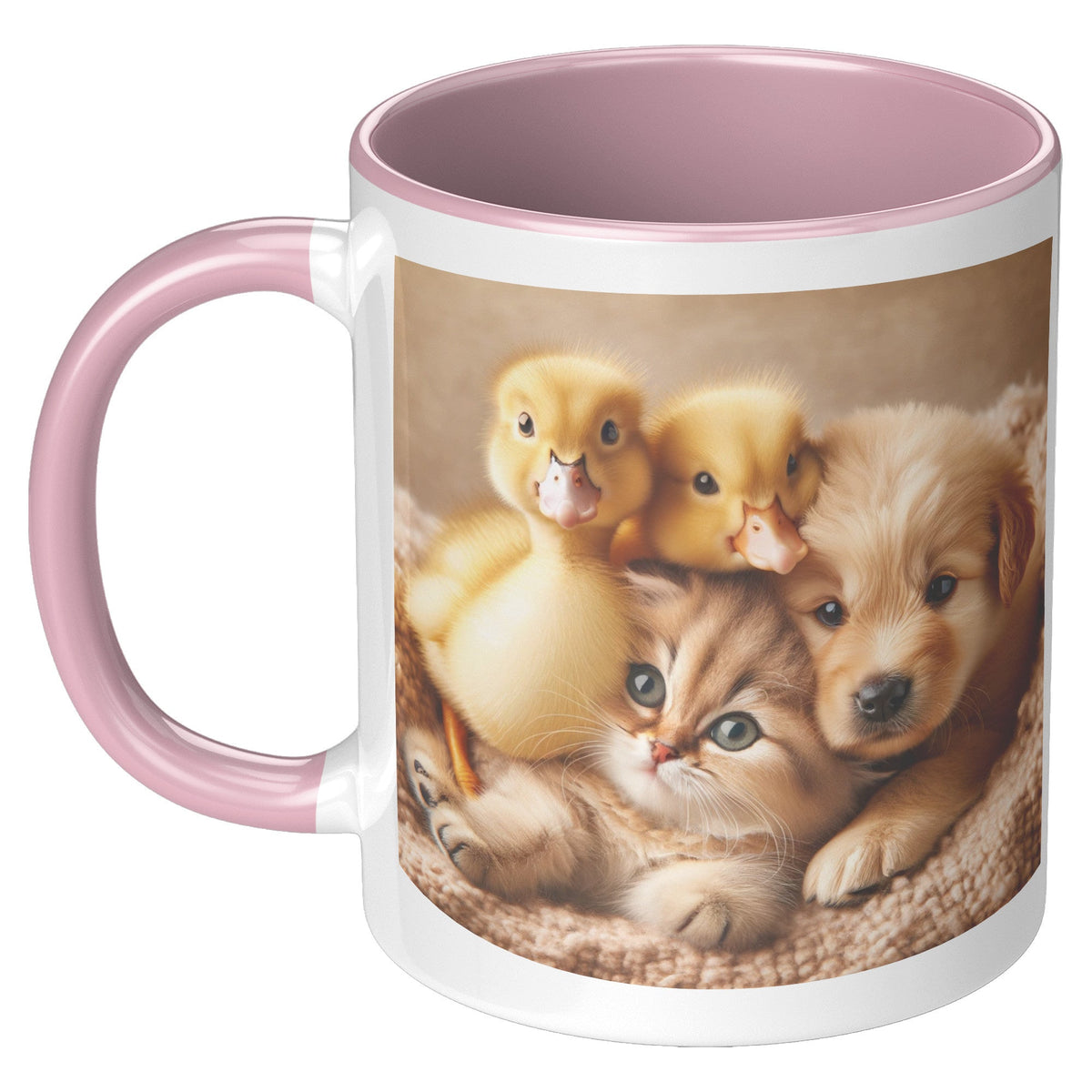 Kitty Puppy And 2 Ducks 11 Oz Accent Mug - crazyaboutcatsandcoffee