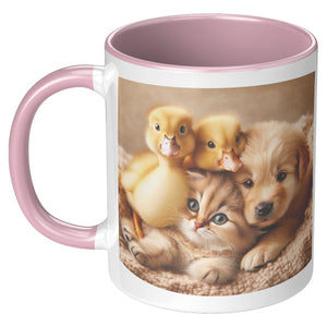 Kitty Puppy And 2 Ducks 11 Oz Accent Mug - crazyaboutcatsandcoffee