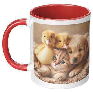 Kitty Puppy And 2 Ducks 11 Oz Accent Mug - crazyaboutcatsandcoffee