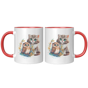 Owl And Kitty Floral 11 Oz Mug - crazyaboutcatsandcoffee