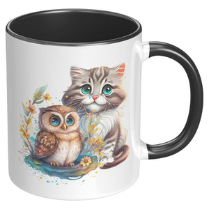 Owl And Kitty Floral 11 Oz Mug - crazyaboutcatsandcoffee