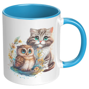 Owl And Kitty Floral 11 Oz Mug - crazyaboutcatsandcoffee