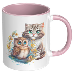 Owl And Kitty Floral 11 Oz Mug - crazyaboutcatsandcoffee