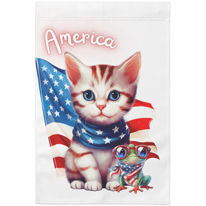 Patriotic Kitty With Frog And America Flag Garden Flag - crazyaboutcatsandcoffee