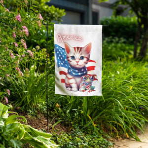 Patriotic Kitty With Frog And America Flag Garden Flag - crazyaboutcatsandcoffee