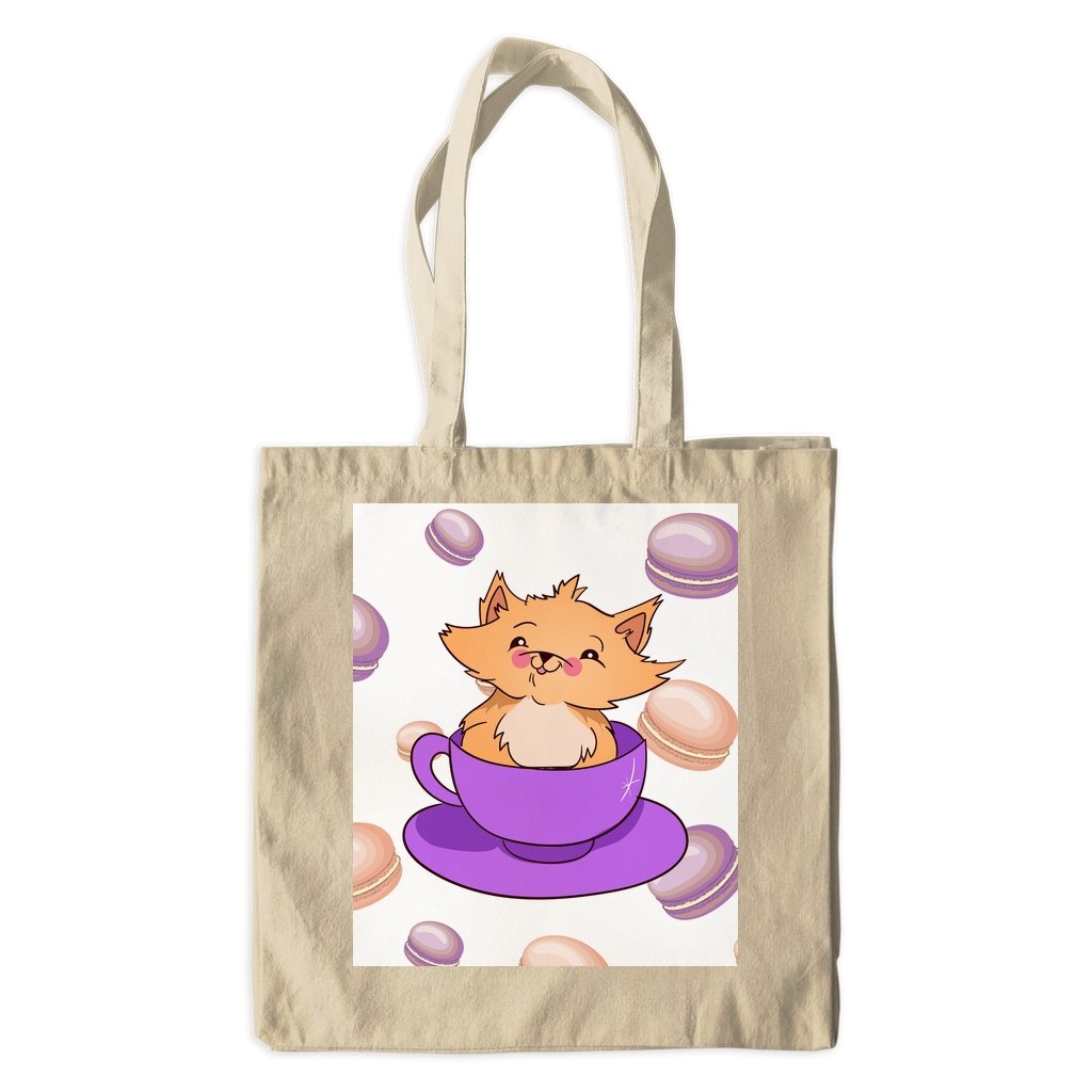 Tan Kitty In Purple Teacup Cotton Tote Bag