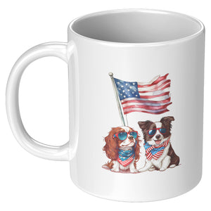 Two Dogs Holding The Flag 11 Oz Mug | Red White And Blue | 4th Of July | Star Spangled | - crazyaboutcatsandcoffee